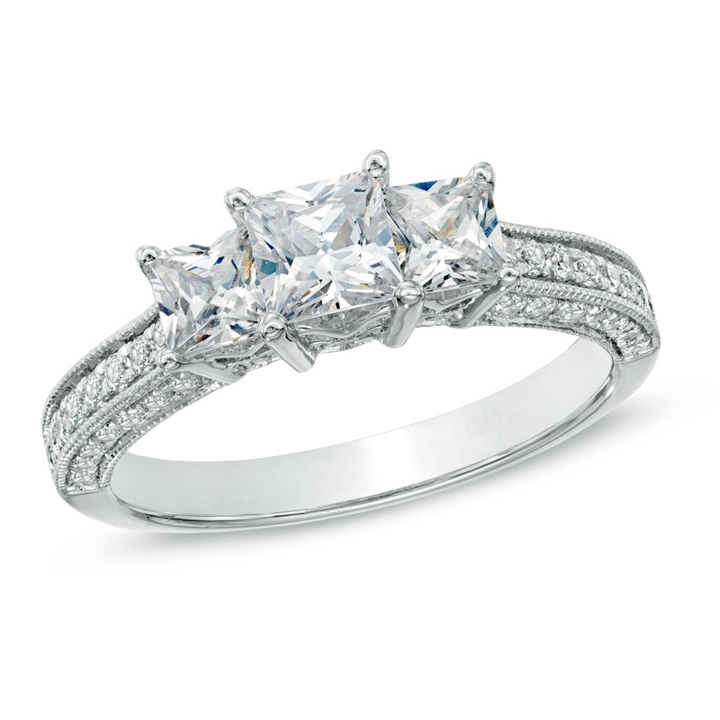 Main Image 1 of Previously Owned - 1-1/2 CT. T.W. Princess-Cut Diamond Past Present Future® Ring in 14K White Gold
