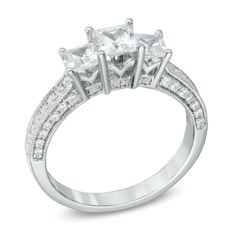 Main Image 2 of Previously Owned - 1-1/2 CT. T.W. Princess-Cut Diamond Past Present Future® Ring in 14K White Gold