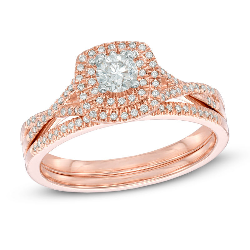 Main Image 1 of Previously Owned - 1/2 CT. T.W. Diamond Double Square Frame Twist Bridal Set in 14K Rose Gold