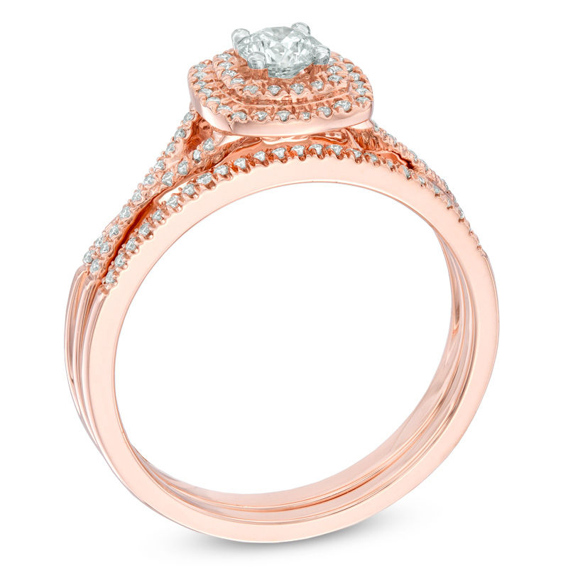 Main Image 2 of Previously Owned - 1/2 CT. T.W. Diamond Double Square Frame Twist Bridal Set in 14K Rose Gold