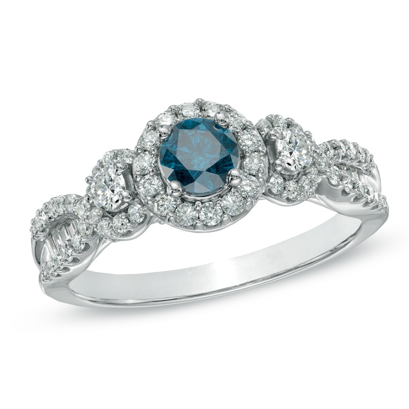 Main Image 1 of Previously Owned - 1 CT. T.W. Enhanced Blue and White Diamond Three Stone Engagement Ring in 10K White Gold