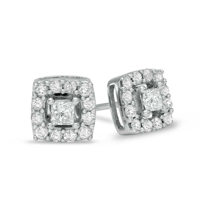 Main Image 1 of Previously Owned - 1 CT. T.W. Princess-Cut Diamond Frame Stud Earrings in 10K White Gold