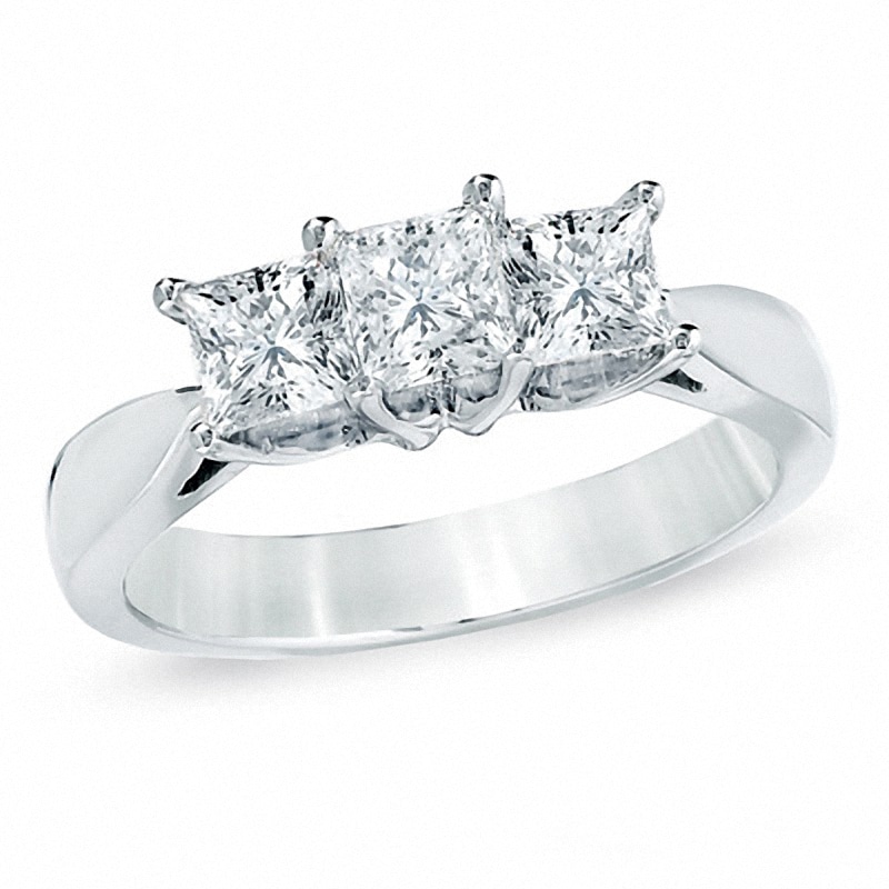 Main Image 1 of Previously Owned - Celebration Lux® 1 CT. T.W. Princess-Cut Diamond Three Stone Ring in 14K White Gold (I/SI2)
