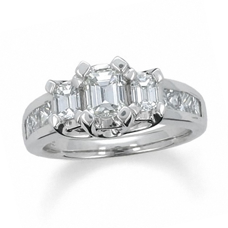 Main Image 1 of Previously Owned - 1-1/2 CT. T.W. Emerald-Cut Diamond Three Stone Ring in 14K White Gold