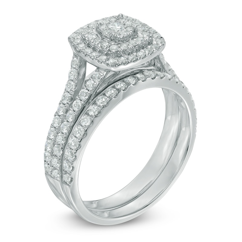 Main Image 2 of Previously Owned 1 CT. T.W. Composite Diamond Double Square Frame Soldered Bridal Set in 10K White Gold