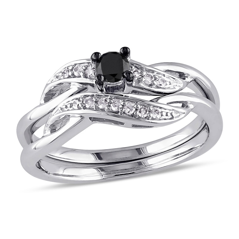 Main Image 1 of Previously Owned - 1/4 CT. T.W.  Black and White Diamond Sash Bridal Set in Sterling Silver