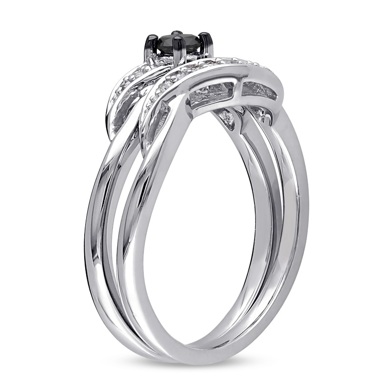 Main Image 2 of Previously Owned - 1/4 CT. T.W.  Black and White Diamond Sash Bridal Set in Sterling Silver