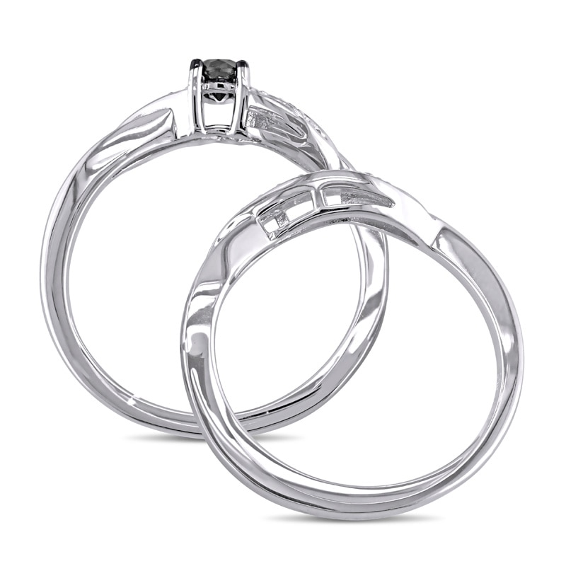 Main Image 3 of Previously Owned - 1/4 CT. T.W.  Black and White Diamond Sash Bridal Set in Sterling Silver