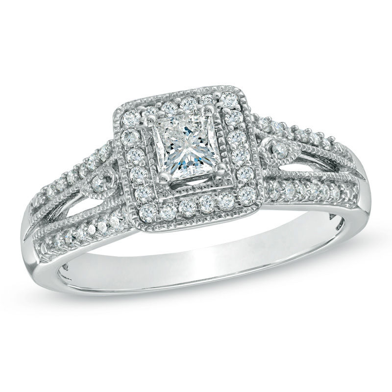 Previously Owned - 1/2 CT. T.W. Princess-Cut Diamond Frame Vintage-Style Engagement Ring in 10K White Gold