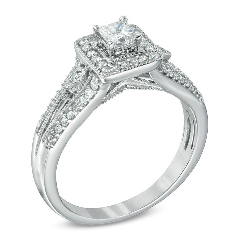 Previously Owned - 1/2 CT. T.W. Princess-Cut Diamond Frame Vintage-Style Engagement Ring in 10K White Gold