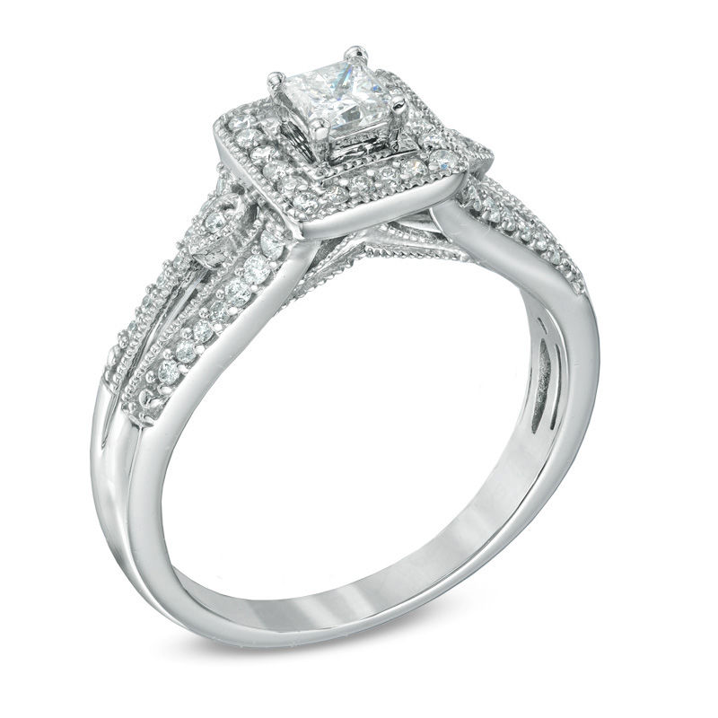 Main Image 2 of Previously Owned - 1/2 CT. T.W. Princess-Cut Diamond Frame Vintage-Style Engagement Ring in 10K White Gold
