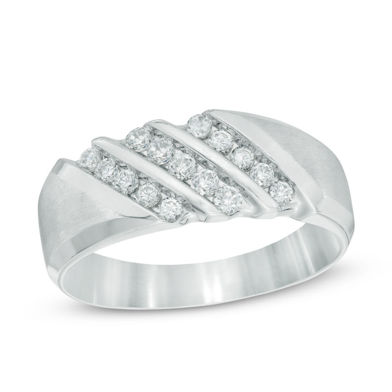 Main Image 1 of Previously Owned - 1/2 CT. T.W. Diamond Three Row Slant Wedding Band in 10K White Gold