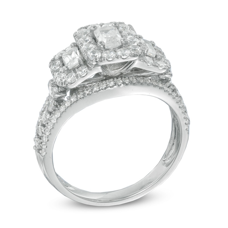 Main Image 2 of Previously Owned - 1-1/2 CT. T.W. Emerald-Cut Diamond Past Present Future® Ring in 14K White Gold
