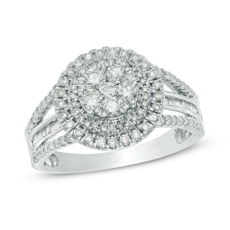 Main Image 1 of Previously Owned - 1 CT. T.W. Round and Baguette Diamond Composite Double Frame Engagement Ring in 10K White Gold