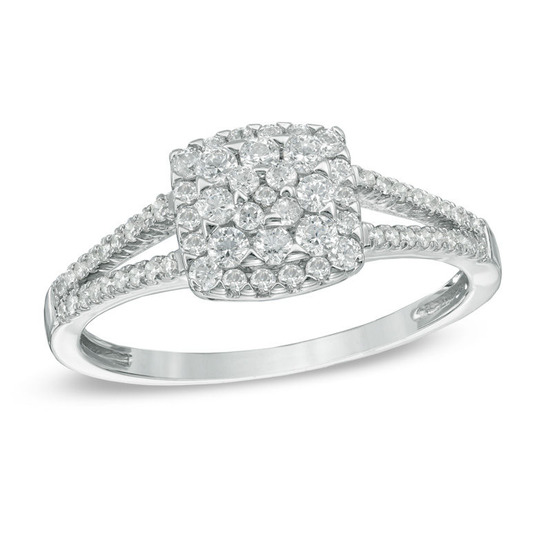 Previously Owned - 1/2 CT. T.W. Diamond Square Frame Cluster Engagement Ring in 10K White Gold