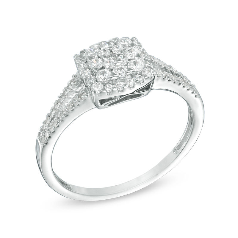 Previously Owned - 1/2 CT. T.W. Diamond Square Frame Cluster Engagement Ring in 10K White Gold