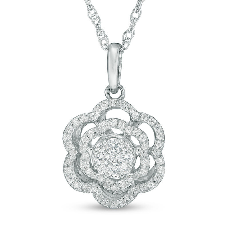Previously Owned - 1/3 CT. T.W. Diamond Flower Double Frame Pendant in 10K White Gold