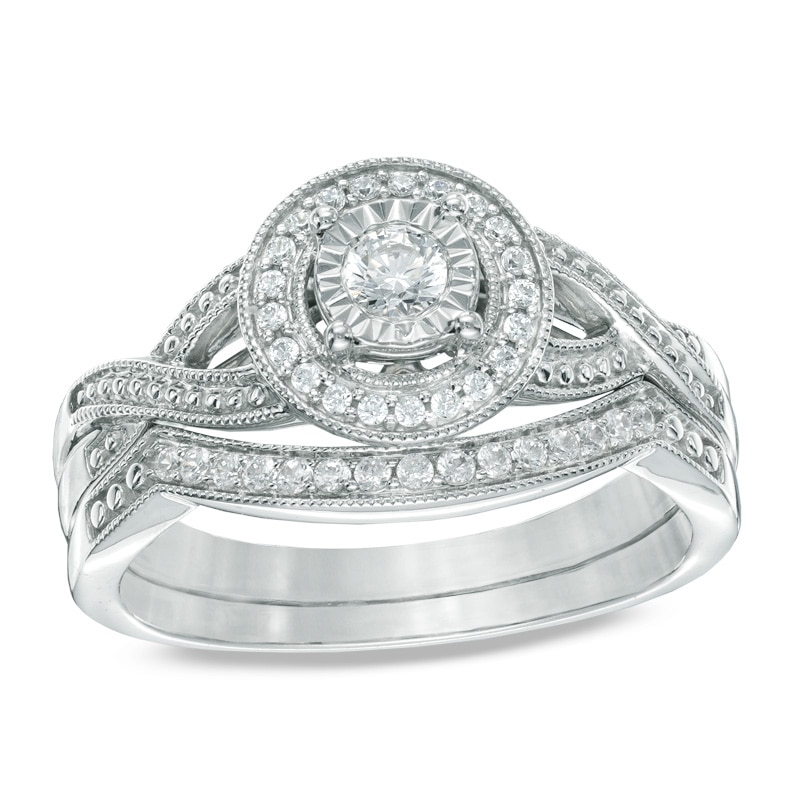 Main Image 1 of Previously Owned - 1/4 CT. T.W. Diamond Frame Vintage-Style Bridal Set in 10K White Gold