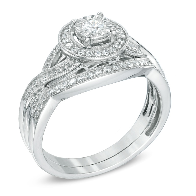 Main Image 2 of Previously Owned - 1/4 CT. T.W. Diamond Frame Vintage-Style Bridal Set in 10K White Gold