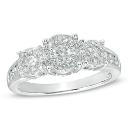 Previously Owned - 1 CT. T.W. Diamond Cluster Three Stone Engagement Ring in 14K White Gold