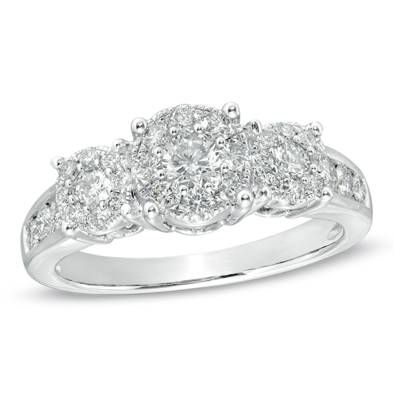 Main Image 1 of Previously Owned - 1 CT. T.W. Diamond Cluster Three Stone Engagement Ring in 14K White Gold