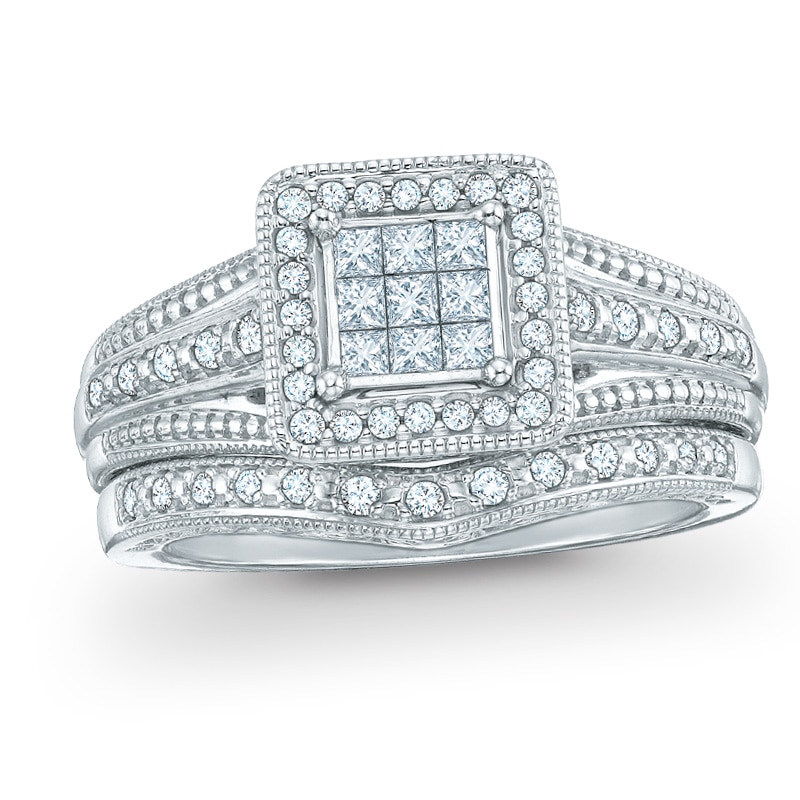Previously Owned - 3/8 CT. T.W. Princess-Cut Composite Diamond Frame Bridal Set in 10K White Gold