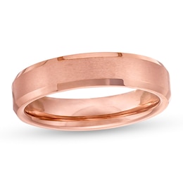 Previously Owned - 5.0mm Multi-Finish Bevelled-Edge Comfort-Fit Wedding Band in Tungsten with Rose IP
