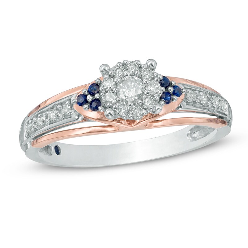 Main Image 1 of Previously Owned - Cherished Promise Collection™ 1/5 CT. T.W. Diamond and Blue Sapphire Ring in 10K Two-Tone Gold