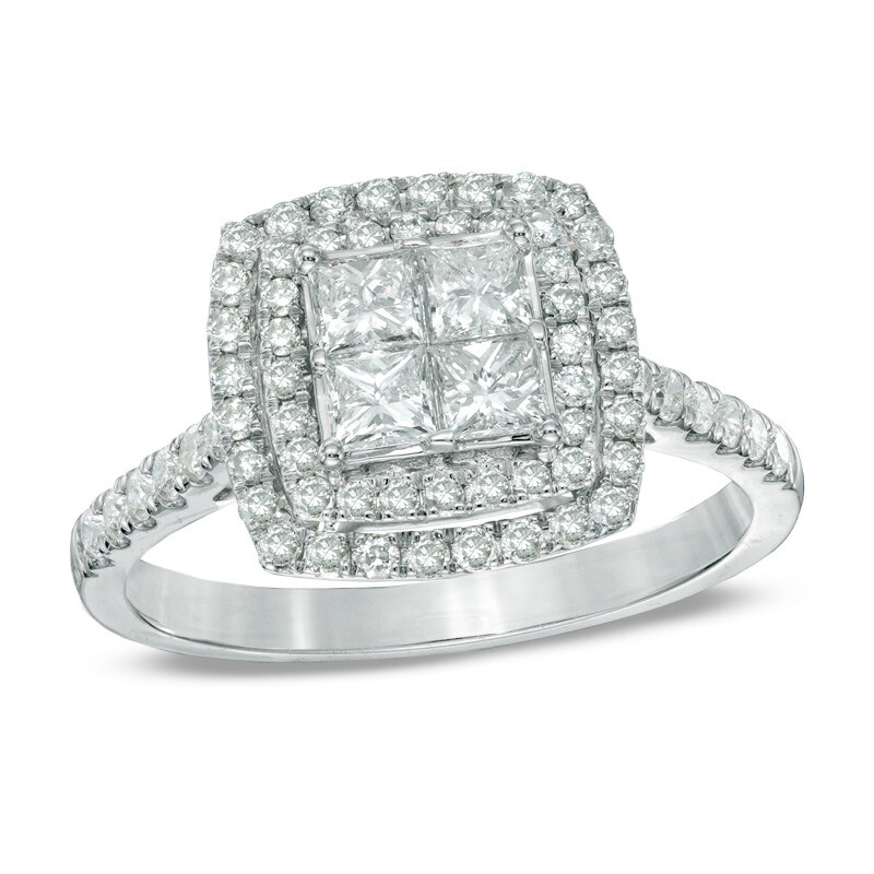 Main Image 1 of Previously Owned - 1 CT. T.W. Princess-Cut Quad Diamond Double Frame Engagement Ring in 14K White Gold