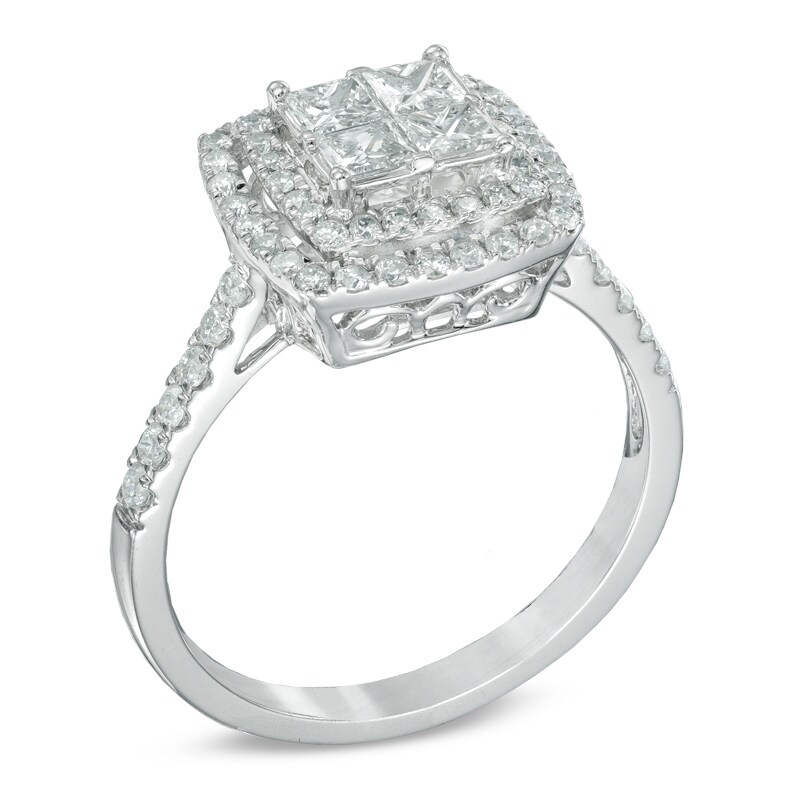 Main Image 2 of Previously Owned - 1 CT. T.W. Princess-Cut Quad Diamond Double Frame Engagement Ring in 14K White Gold