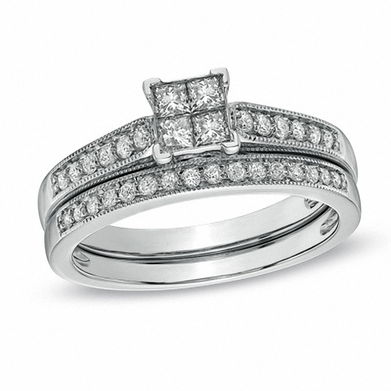 Main Image 1 of Previously Owned - 1/2 CT. T.W. Quad Princess-Cut Diamond Vintage-Style Bridal Set in 10K White Gold