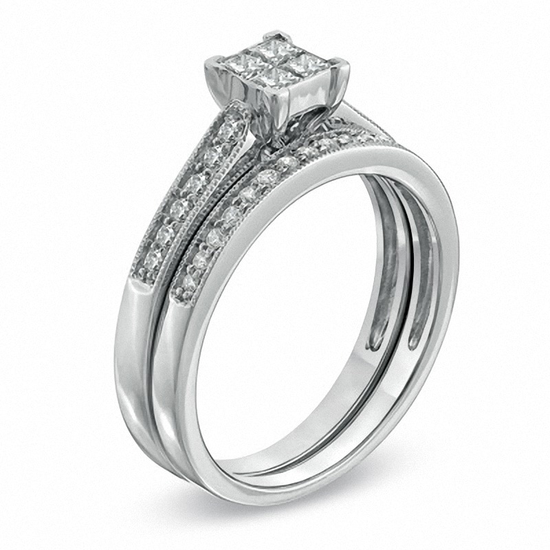 Main Image 2 of Previously Owned - 1/2 CT. T.W. Quad Princess-Cut Diamond Vintage-Style Bridal Set in 10K White Gold