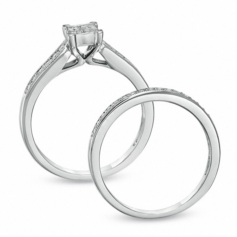 Main Image 3 of Previously Owned - 1/2 CT. T.W. Quad Princess-Cut Diamond Vintage-Style Bridal Set in 10K White Gold