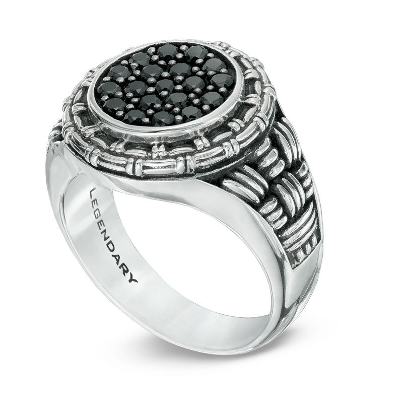Main Image 2 of Previously Owned - Legendary™ Men's Black Spinel Intrecciato Signet Ring in Sterling Silver