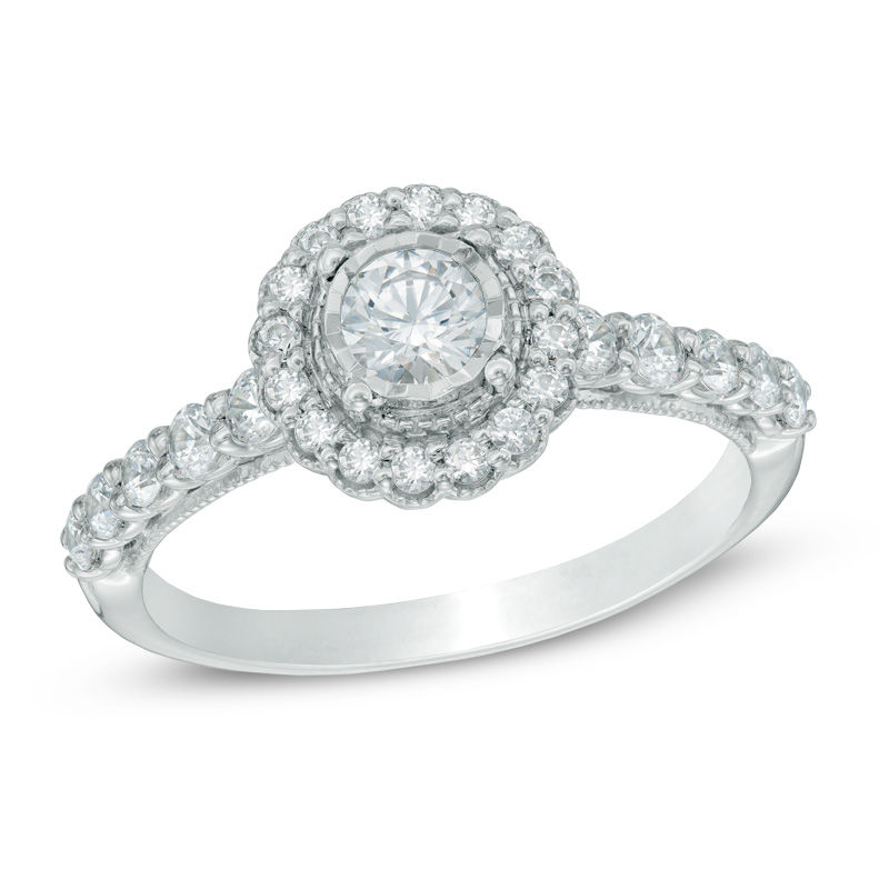 Previously Owned - 3/4 CT. T.W. Diamond Scallop Frame Engagement Ring in 14K White Gold