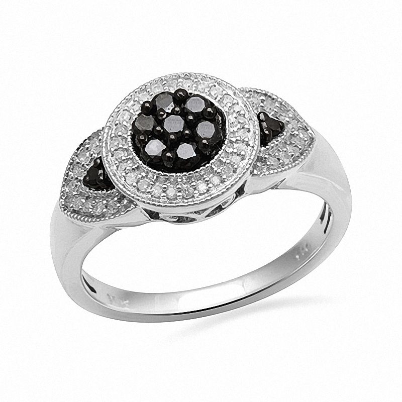 Previously Owned - 1/3 CT. T.W. Enhanced Black and White Diamond Vintage-Style Cluster Ring in Sterling Silver