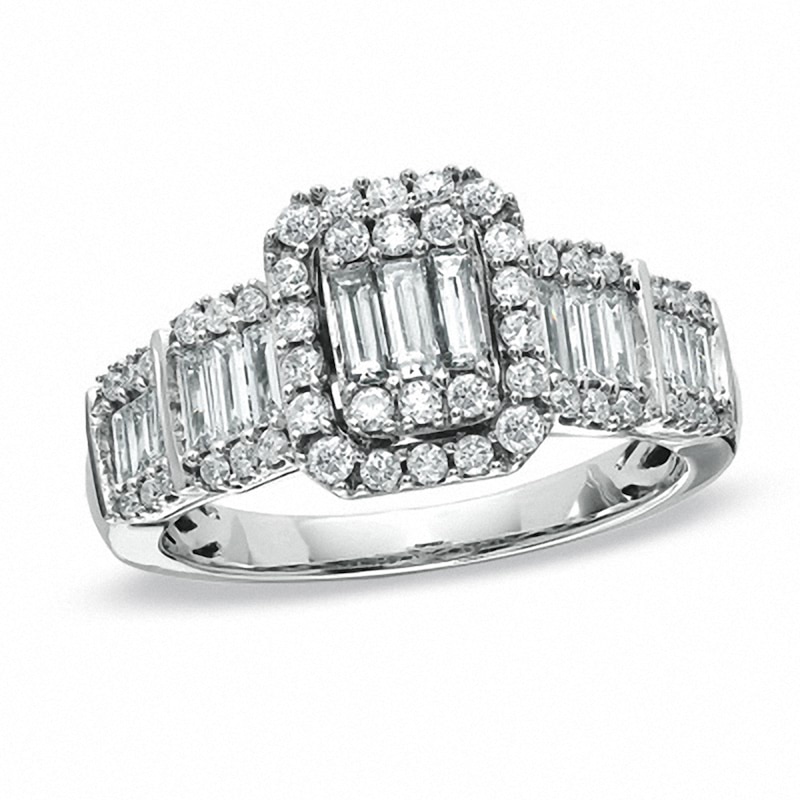 Main Image 1 of Previously Owned - 1 CT. T.W. Round and Baguette Diamond Engagement Ring in 14K White Gold