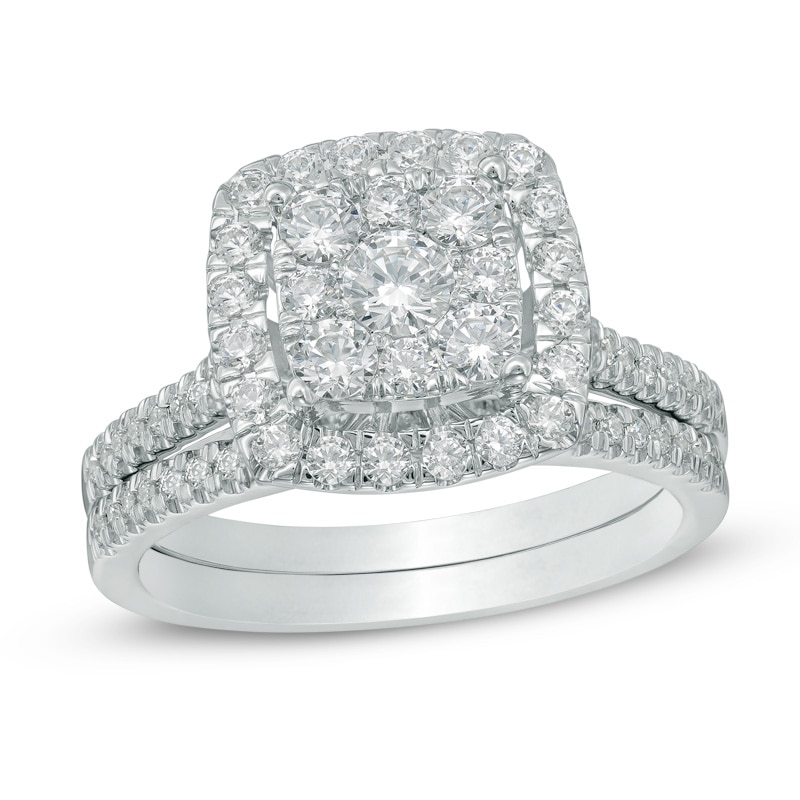 Main Image 1 of Previously Owned 1 CT. T.W. Composite Diamond Square Frame Soldered Bridal Set in 10K White Gold