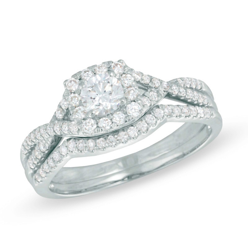 Main Image 1 of Previously Owned 3/4 CT. T.W. Diamond Frame Soldered Bridal Set in 14K White Gold