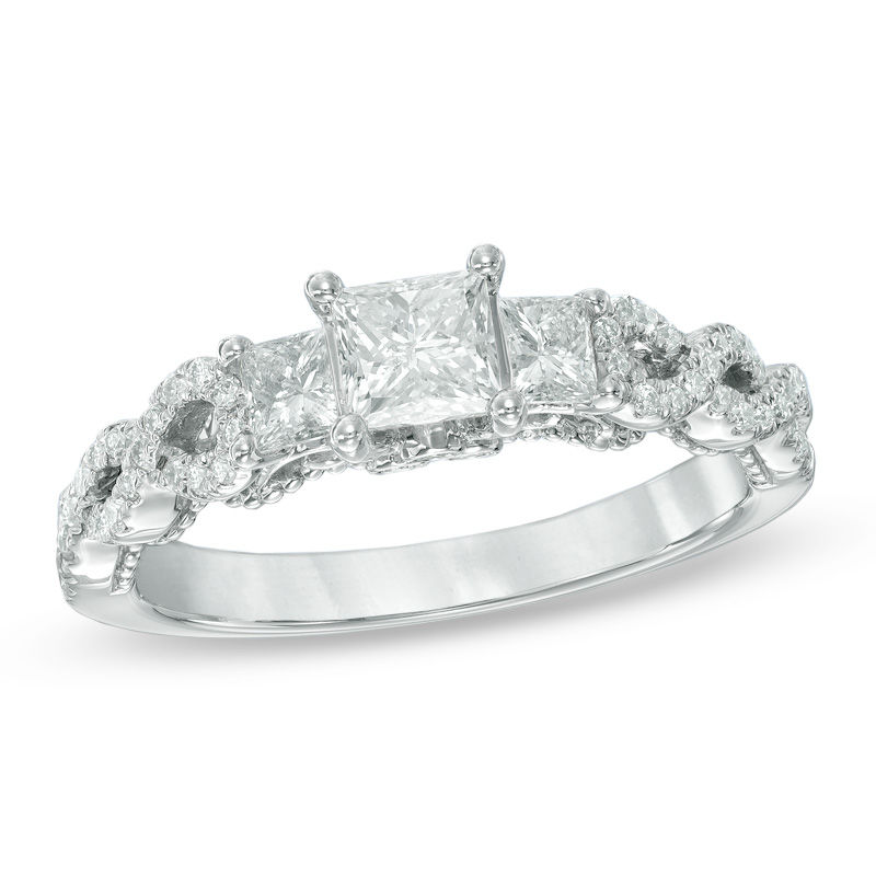 Main Image 1 of Previously Owned - 1 CT. T.W. Princess-Cut Diamond Past Present Future® Twist Ring in 14K White Gold (I/I1)
