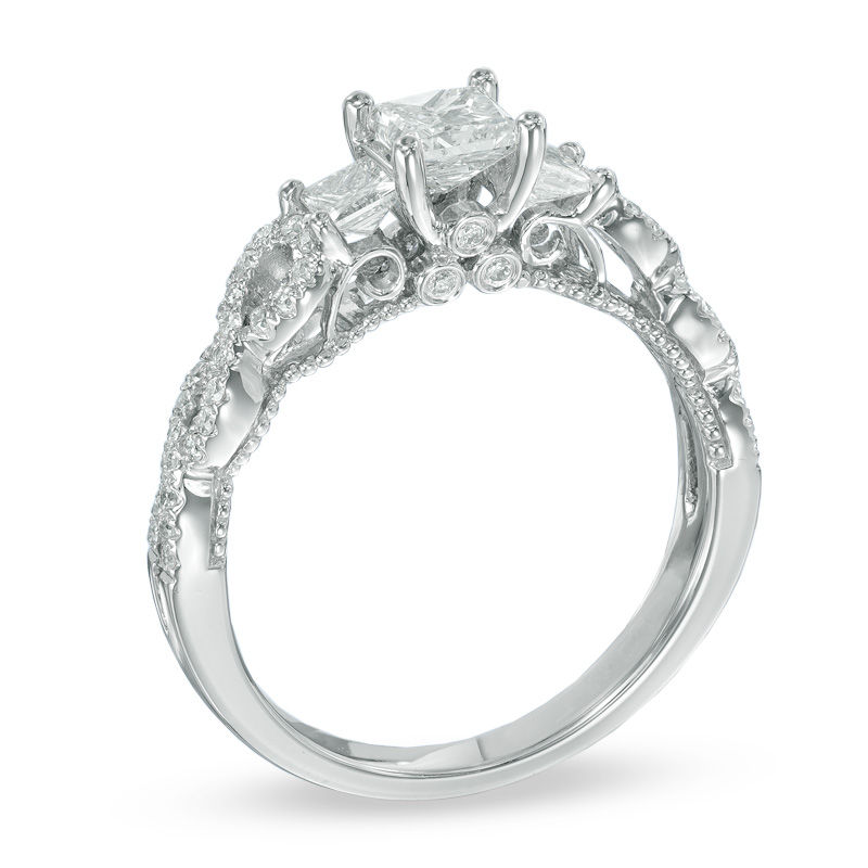 Main Image 2 of Previously Owned - 1 CT. T.W. Princess-Cut Diamond Past Present Future® Twist Ring in 14K White Gold (I/I1)