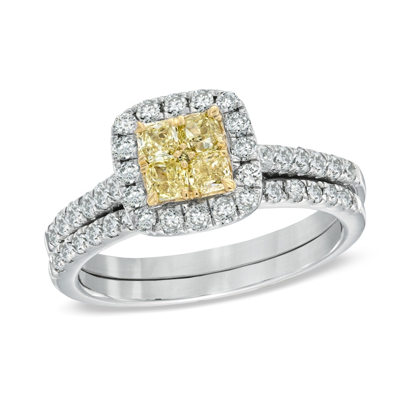 Previously Owned - 1-1/4 CT. T.W. Yellow and White Quad Diamond Frame Bridal Set in 14K White Gold