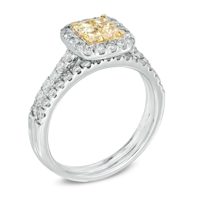 Previously Owned - 1-1/4 CT. T.W. Yellow and White Quad Diamond Frame Bridal Set in 14K White Gold