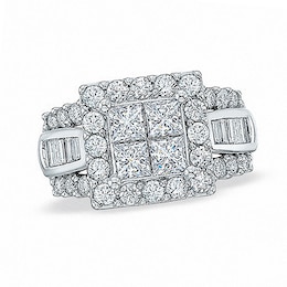 Previously Owned - 2.0 CT. T.W. Quad Princess-Cut and Baguette Diamond Engagement Ring in 14K White Gold