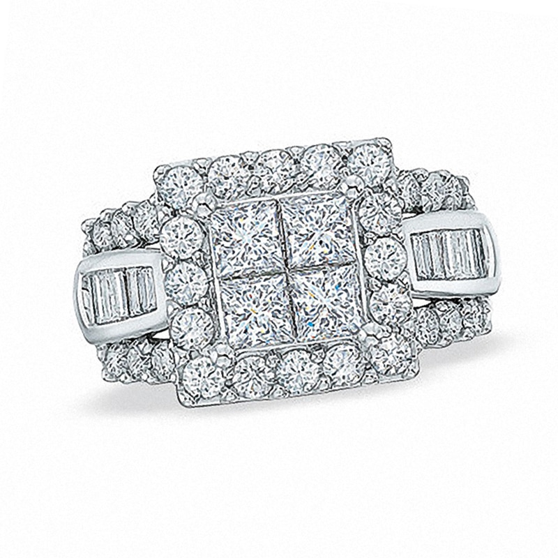Previously Owned - 2.0 CT. T.W. Quad Princess-Cut and Baguette Diamond Engagement Ring in 14K White Gold