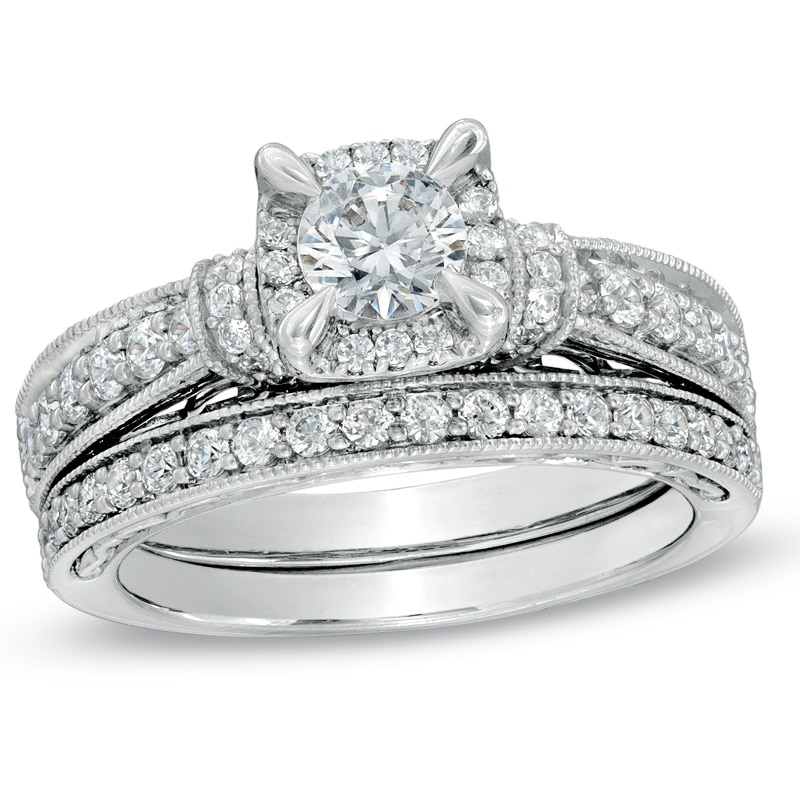 Previously Owned - 1-1/5 CT. T.W. Diamond Vintage-Style Bridal Set in 14K White Gold