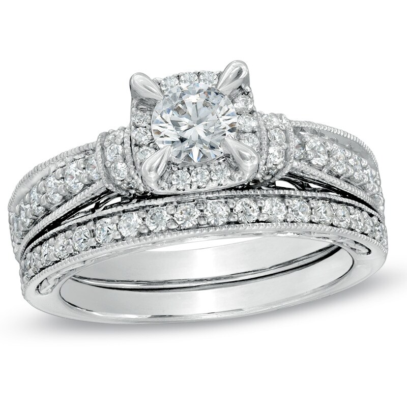Main Image 1 of Previously Owned - 1-1/5 CT. T.W. Diamond Vintage-Style Bridal Set in 14K White Gold