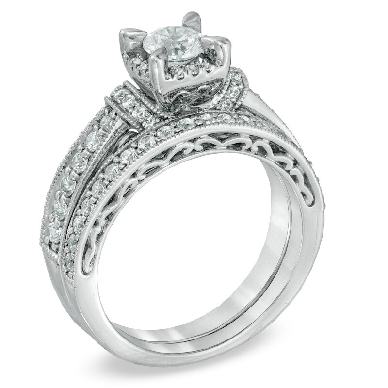Main Image 2 of Previously Owned - 1-1/5 CT. T.W. Diamond Vintage-Style Bridal Set in 14K White Gold