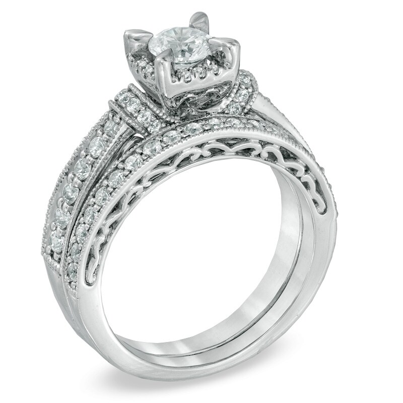 Previously Owned - 1-1/5 CT. T.W. Diamond Vintage-Style Bridal Set in 14K White Gold