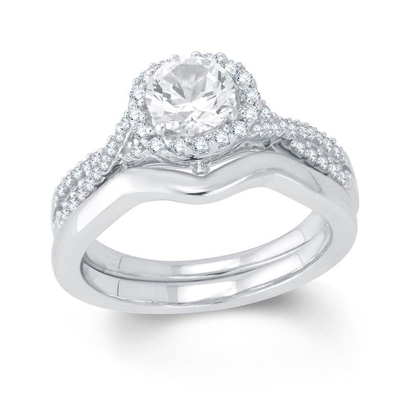 Main Image 1 of Previously Owned - 6.0mm Lab-Created White Sapphire Frame Bridal Set in Sterling Silver